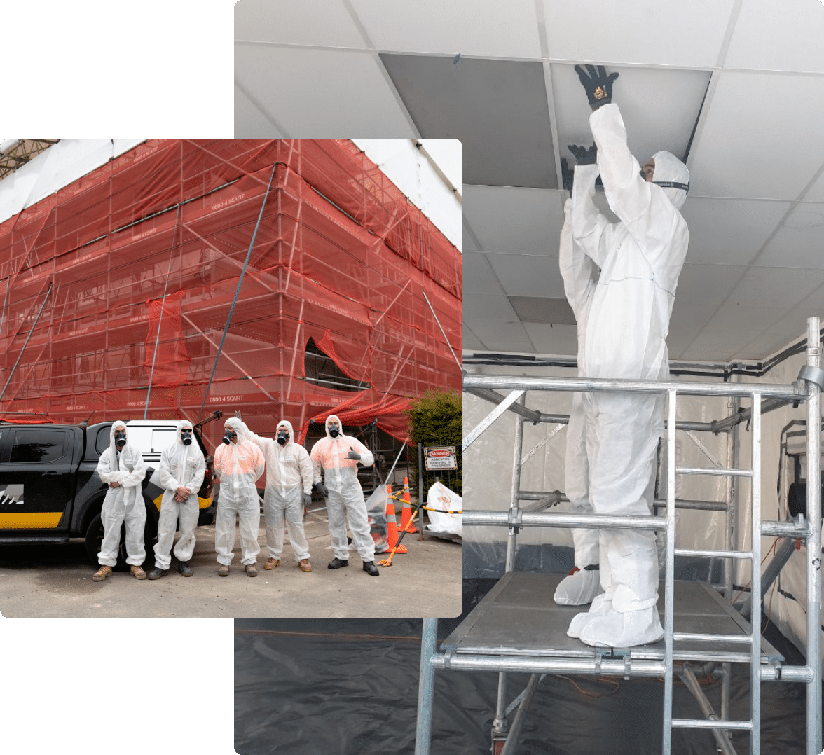 PPE clad asbestos team in front of contained building with two workers removing asbestos ceiling panels in background.