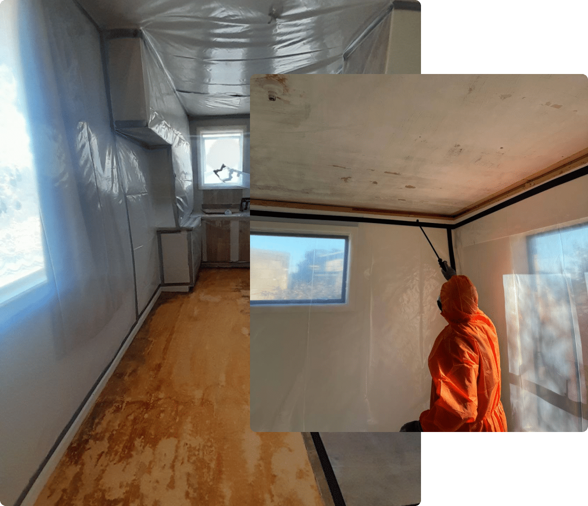 A kitchen is sealed for asbestos containment during the removal process.