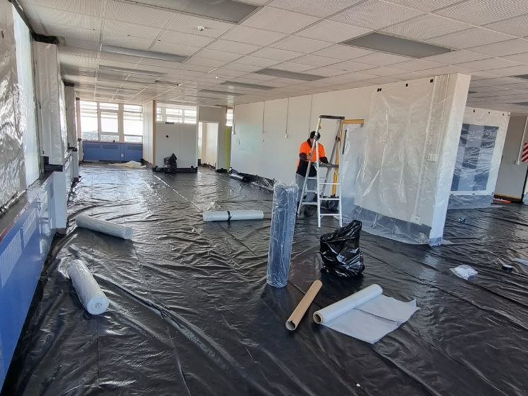A building is sealed in preparation of asbestos ceiling removal. 