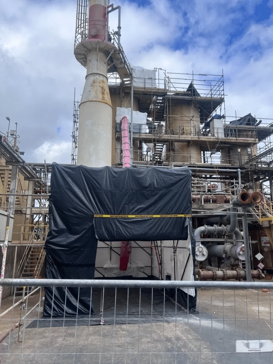 The three drying towers with scaffolding in place prior to asbestos removal commencing.