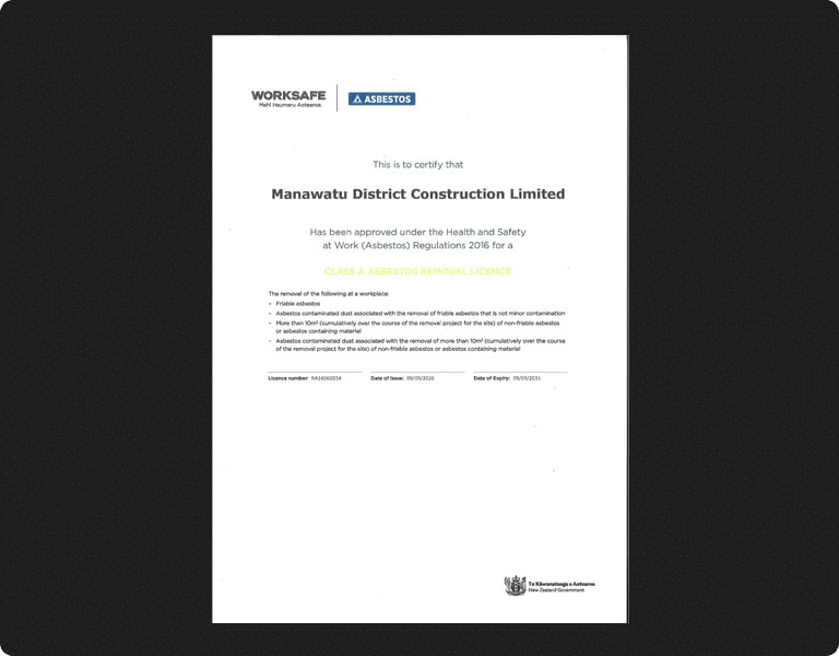 Class A Asbestos Removal Licence, approved under the Health and Safety at Work (Asbestos) Regulations 2016.